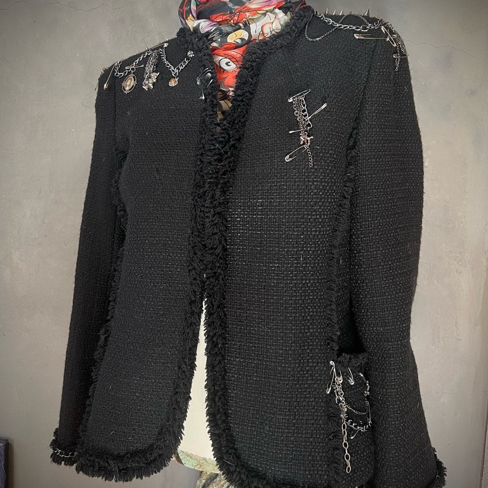 Upcycled Ann Taylor Chunky Boucle’ Jacket w. Chain, Pin & Charm Embellishments - Picture 3 of 16